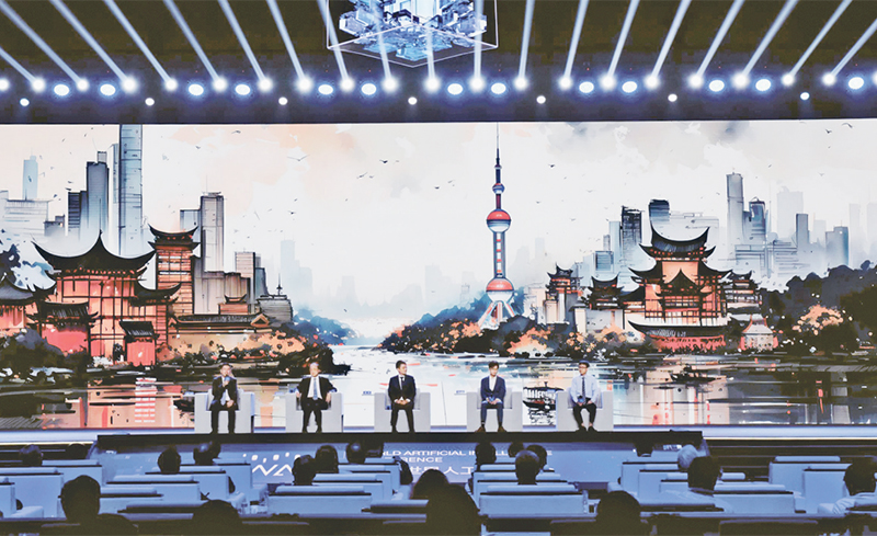 7月6日，2023世界人工智能大会在上海世博中心开幕。大会除了举办科学前沿和产业发展全体会议以及主题论坛等活动外，还展示包括大模型、芯片、机器人、智能驾驶等领域的科技成果。图为专家在一幅关于上海的智能生成画作前讨论。 新华社记者 黄晓勇/摄